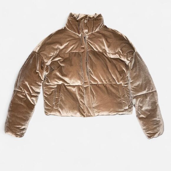 Ci Sono Jackets & Blazers - Cappuccino Tan Super Soft Velvet Puffer Coat with Sherpa Interior